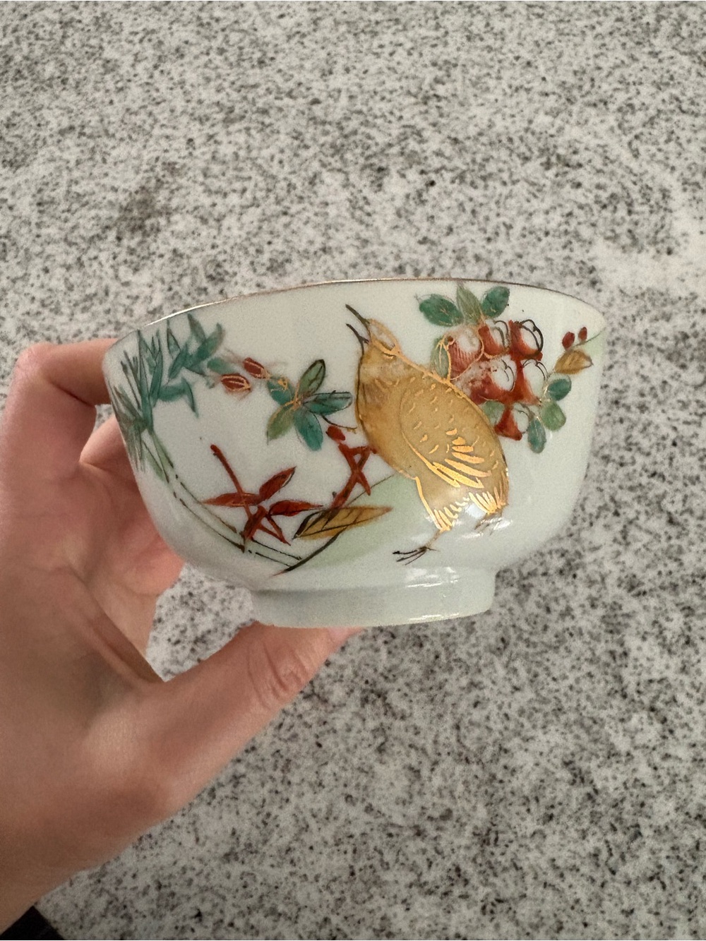Vintage antique Chinese porcelain hand painted rice bowl quail calligraphy